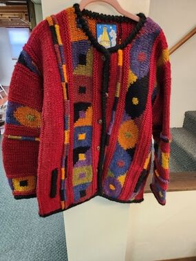 Newari Vintage  Multicolor Knit Cardigan Sweater - Red Sz M WOOL